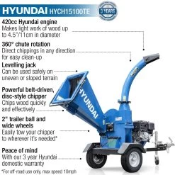 Hyundai HYCH15100TE 11cm Towable Petrol Wood Chipper (Electric Start) -Lawn Mower Shop hyundai hych15100te wood chipper features